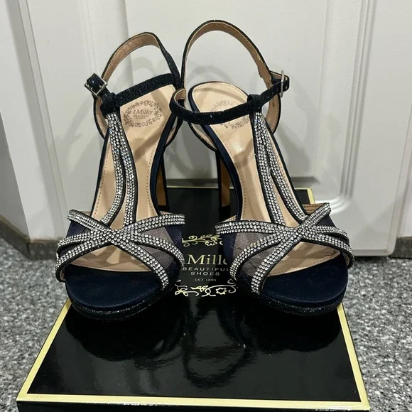 I. Miller Navy Rhinestone Heels Size 6 Wedding Party Ankle Strap - Picture 2 of 12